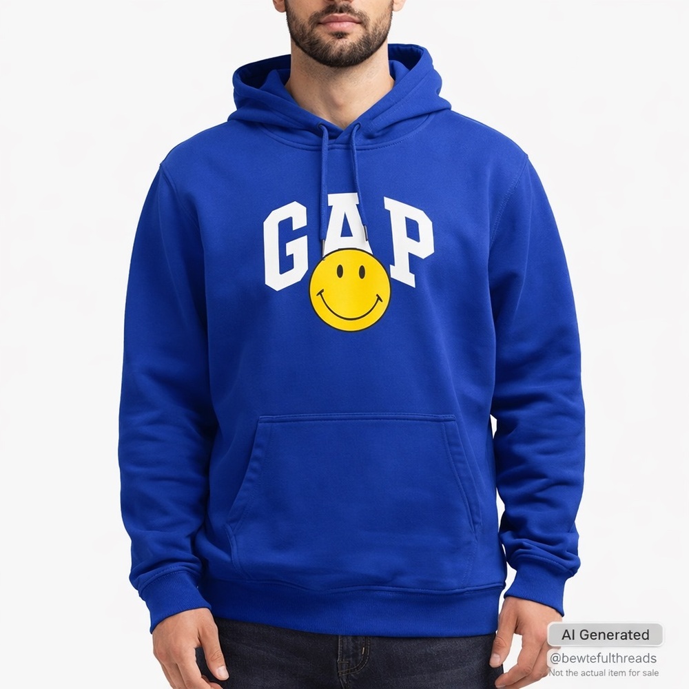 GAP XXL Blue Smiley Face Hoodie Kangaroo Pullover Y2K Streetwear